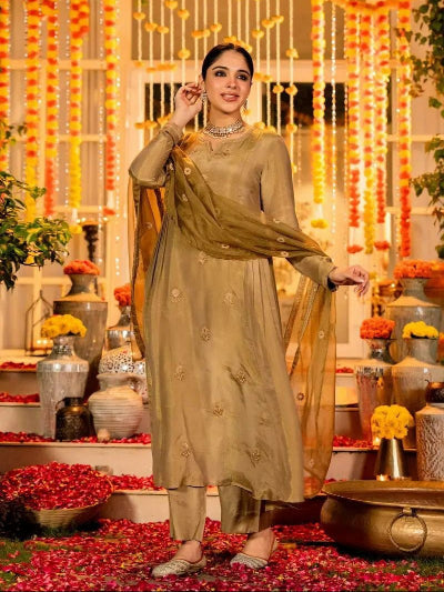Olive Gold Chanderi Silk Embroidery Anarkali Suit Set