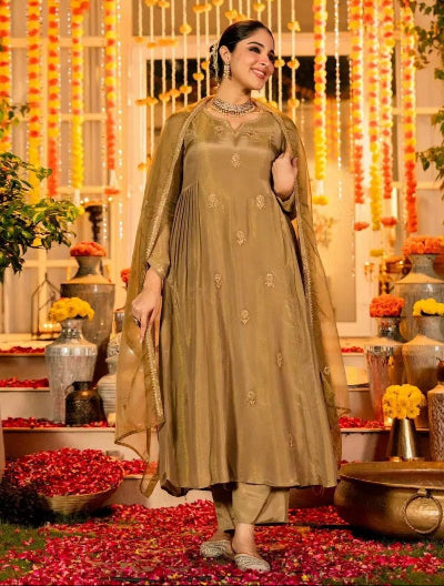Olive Gold Chanderi Silk Embroidery Anarkali Suit Set