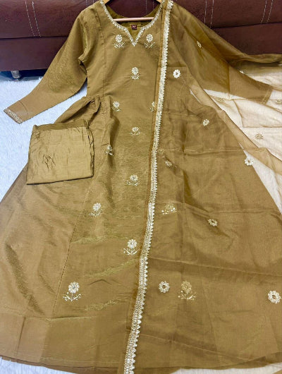 Olive Gold Chanderi Silk Embroidery Anarkali Suit Set