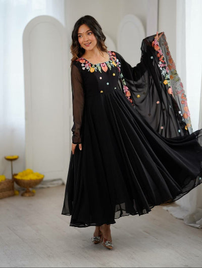 Black Embroidered Georgette Anarkali Suit Set for Women UK