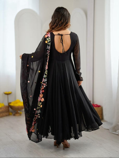 Black Embroidered Georgette Anarkali Suit Set for Women UK