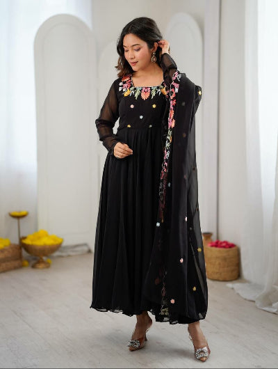 Black Embroidered Georgette Anarkali Suit Set for Women UK