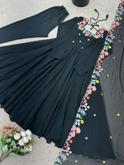 Black Embroidered Georgette Anarkali Suit Set for Women UK