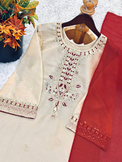 Gold Ivory Organza Embroidered Farshi Salwar Suit