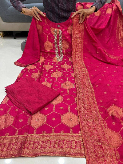 Rani Pink &amp; Gold Banarasi Suit Set with Dupatta