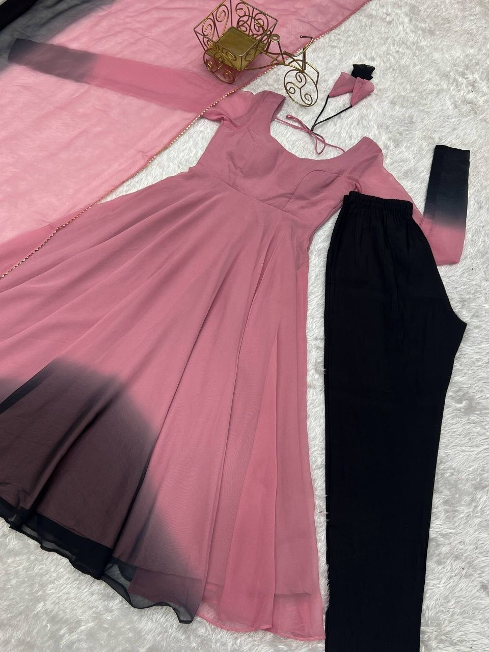 Light Pink Bollywood Black Anarkali Suit Set