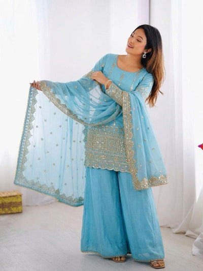Sky Blue Vichitra Silk Embroidery Sharara Suit Set