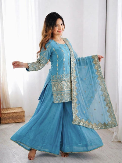 Sky Blue Vichitra Silk Embroidery Sharara Suit Set