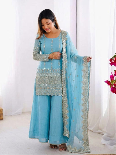 Sky Blue Vichitra Silk Embroidery Sharara Suit Set