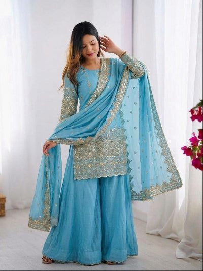 Sky Blue Vichitra Silk Embroidery Sharara Suit Set