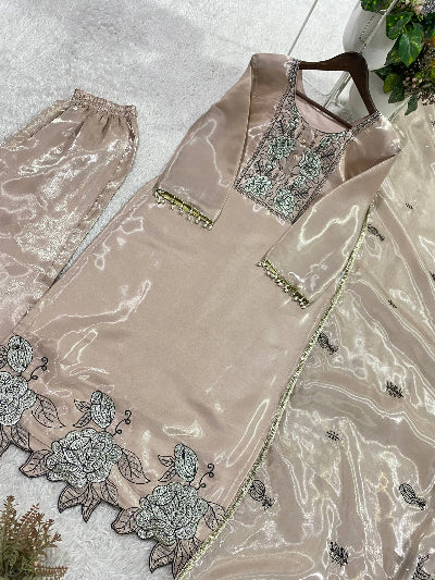 Warm Beige Elegant Kurta Set with Lace Work