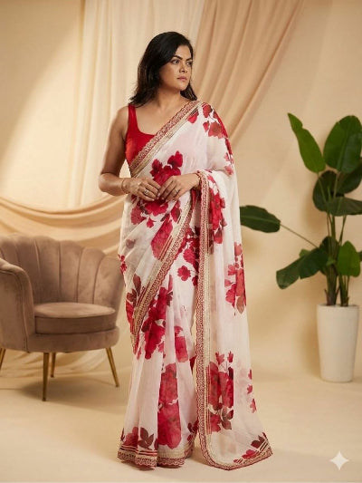 White Red Floral Georgette Sari with Unstitch Blouse piece