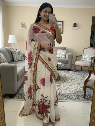 White Red Floral Georgette Sari with Unstitch Blouse piece