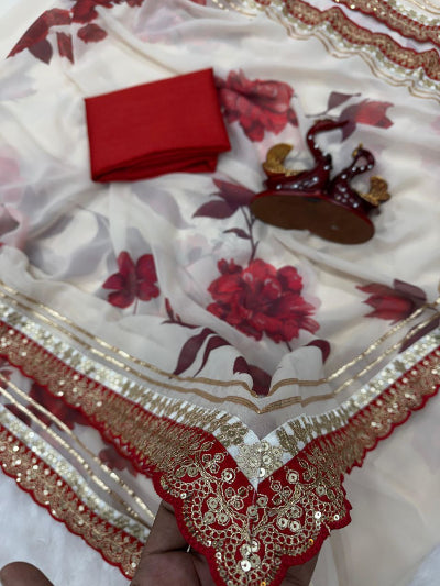 White Red Floral Georgette Sari with Unstitch Blouse piece