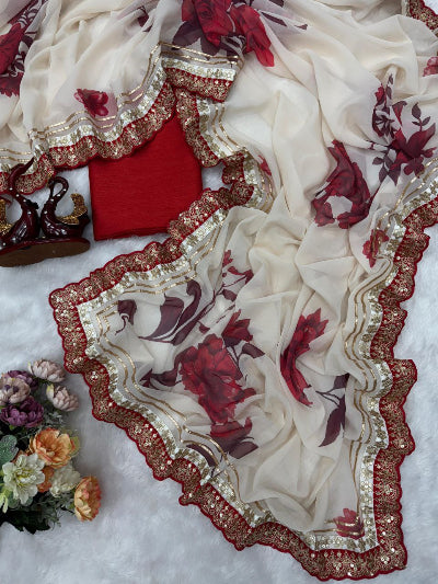 White Red Floral Georgette Sari with Unstitch Blouse piece