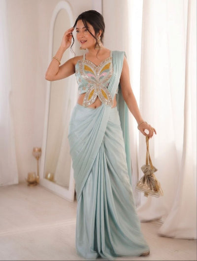 Powder Blue Designer Pre-Draped Saree with Sequence Blouse