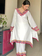 White Georgette Pom - Pom Lace Kurti Palazzo Set Of 2 - BONYHUBSALWAR KAMEEZ