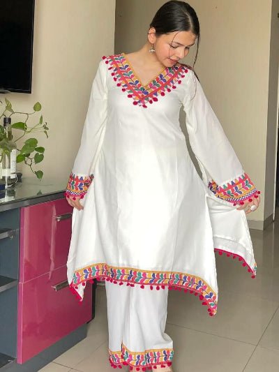 White Georgette Pom - Pom Lace Kurti Palazzo Set Of 2 - BONYHUBSALWAR KAMEEZ