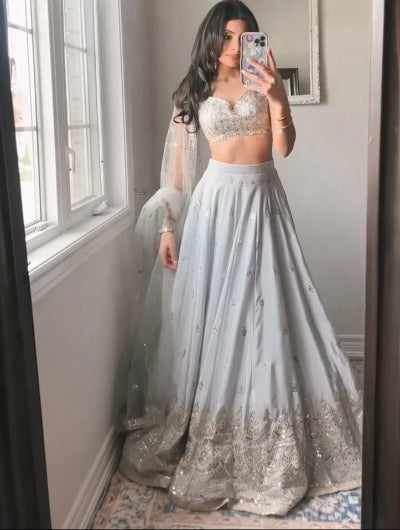 Pearl Grey Sequins Work Lehenga Choli Set