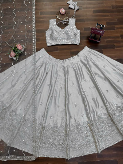 Pearl Grey Sequins Work Lehenga Choli Set