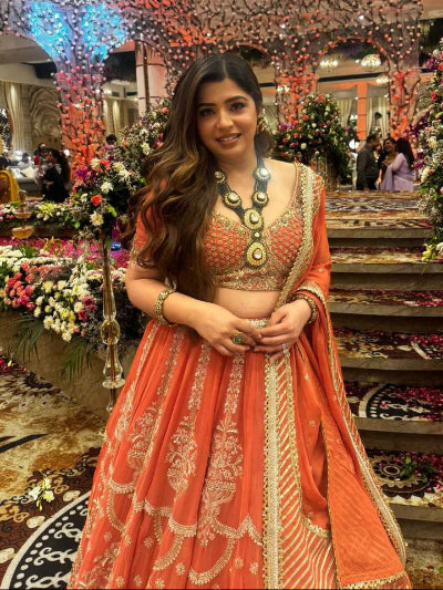 Orange Wedding Wear Embroidery Lehenga Choli Set