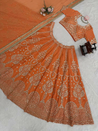 Orange Wedding Wear Embroidery Lehenga Choli Set