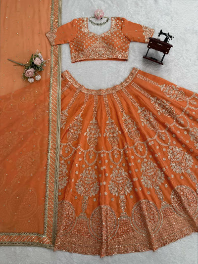 Orange Wedding Wear Embroidery Lehenga Choli Set