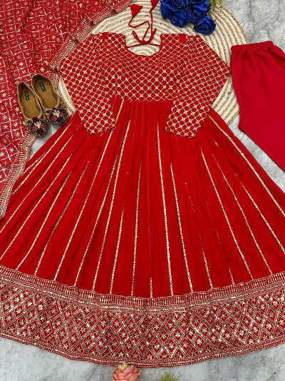 Red Designer Partywear Rich Anarkali Gown Suit Set UK Next Day