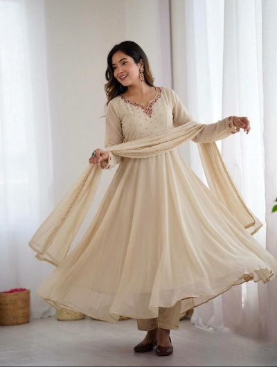 Beige Georgette Anarkali Gown Set with Dupatta