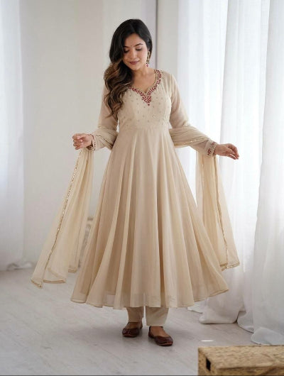 Beige Georgette Anarkali Gown Set with Dupatta