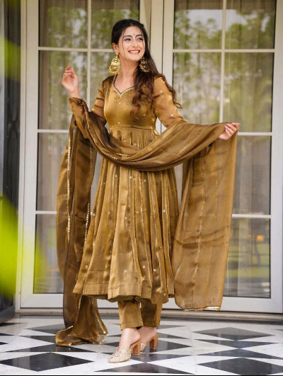 Bronze Gold Thread Work Anarkali Suit Set