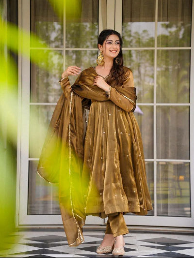Bronze Gold Thread Work Anarkali Suit Set