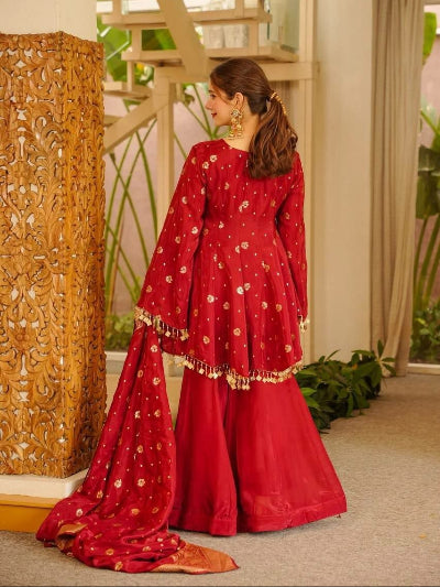 Red Gold Weaving Satin Silk Peplum Style Kurti with Sharara Palazzo &amp; Dupatta