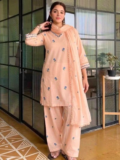 Peach Satin Chanderi Embroidered Farshi Suit for Women