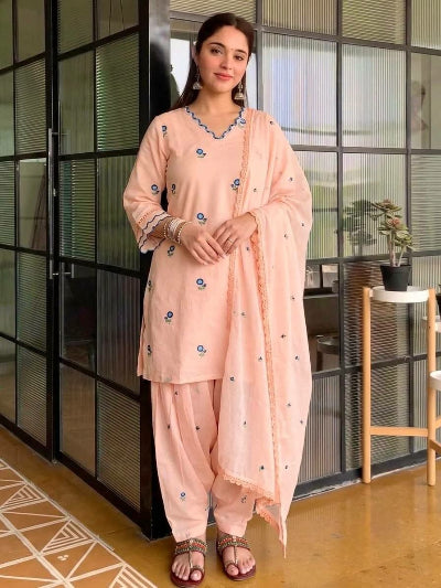 Peach Satin Chanderi Embroidered Farshi Suit for Women