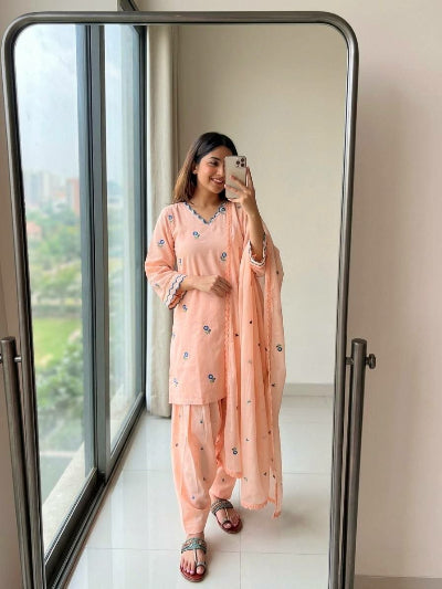 Peach Satin Chanderi Embroidered Farshi Suit for Women