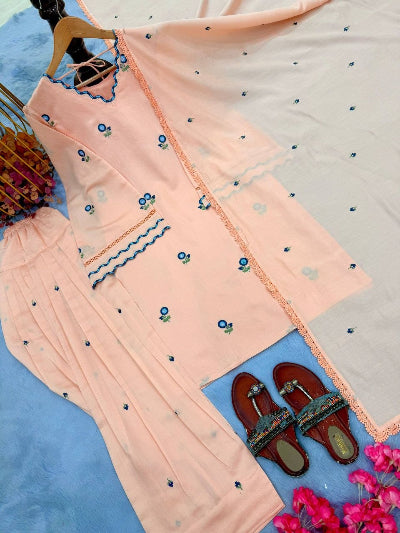 Peach Satin Chanderi Embroidered Farshi Suit for Women