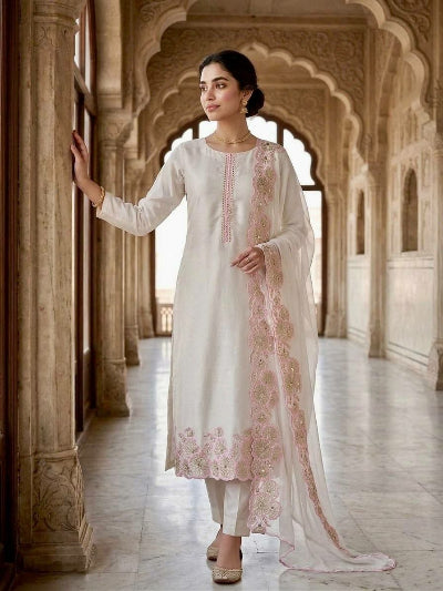White Embroidered Roman Glass Silk Suit Set for Women UK