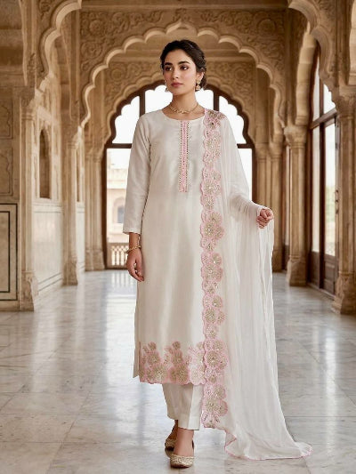 White Embroidered Roman Glass Silk Suit Set for Women UK
