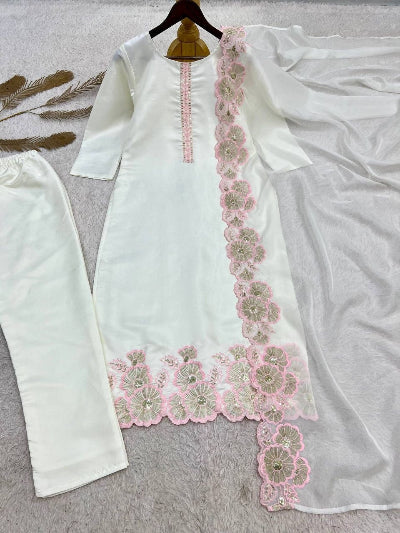 White Embroidered Roman Glass Silk Suit Set for Women UK