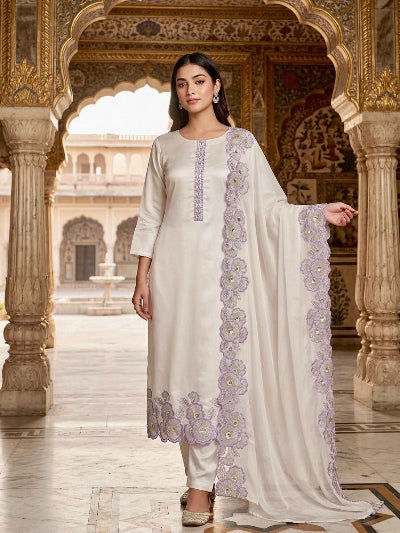 White Embroidered Roman Glass Silk Suit Set for Women UK
