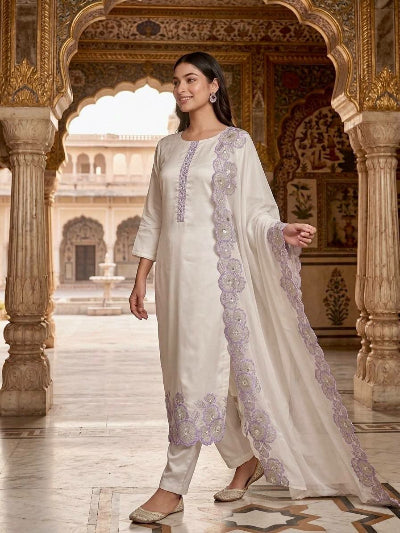 White Embroidered Roman Glass Silk Suit Set for Women UK