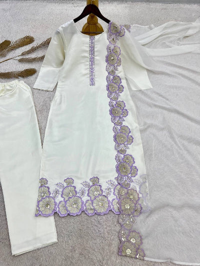 White Embroidered Roman Glass Silk Suit Set for Women UK