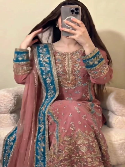 Dusty Mauve &amp; Blue Embroidery Work Georgette Straight Suit For Women