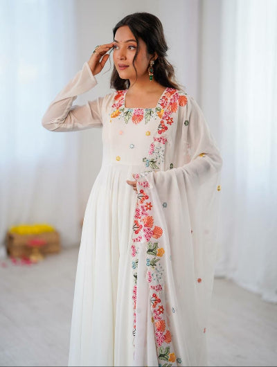 White Embroidered Georgette Anarkali Suit Set for Women UK