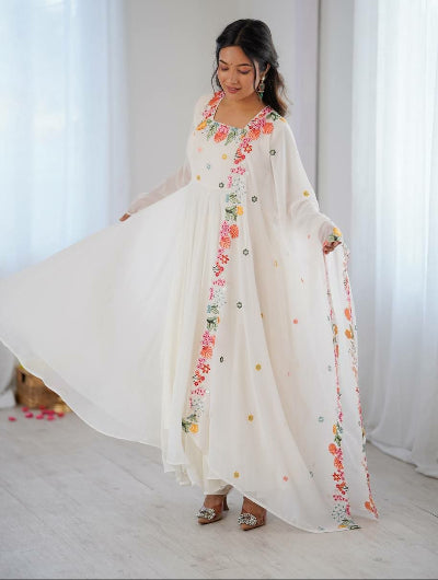 White Embroidered Georgette Anarkali Suit Set for Women UK