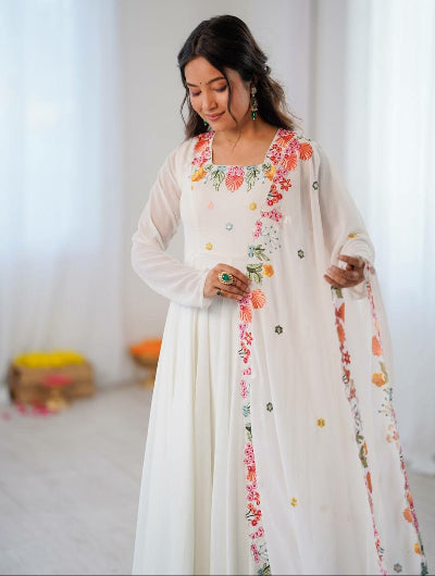 White Embroidered Georgette Anarkali Suit Set for Women UK