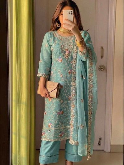 Pastel Elegance Organza Silk Suit Set with Sequence Work