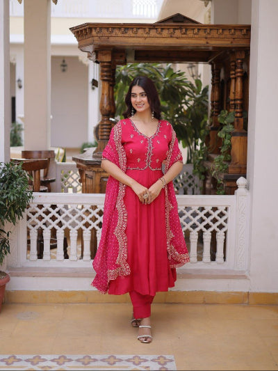 Embroidered Chanderi Anarkali Suit Set in Pink &amp; Purple