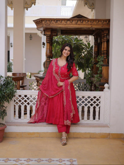 Embroidered Chanderi Anarkali Suit Set in Pink &amp; Purple